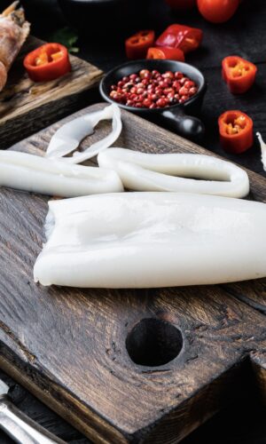 Squid tubes in Bali, premium cleaned calamari tubes on display”