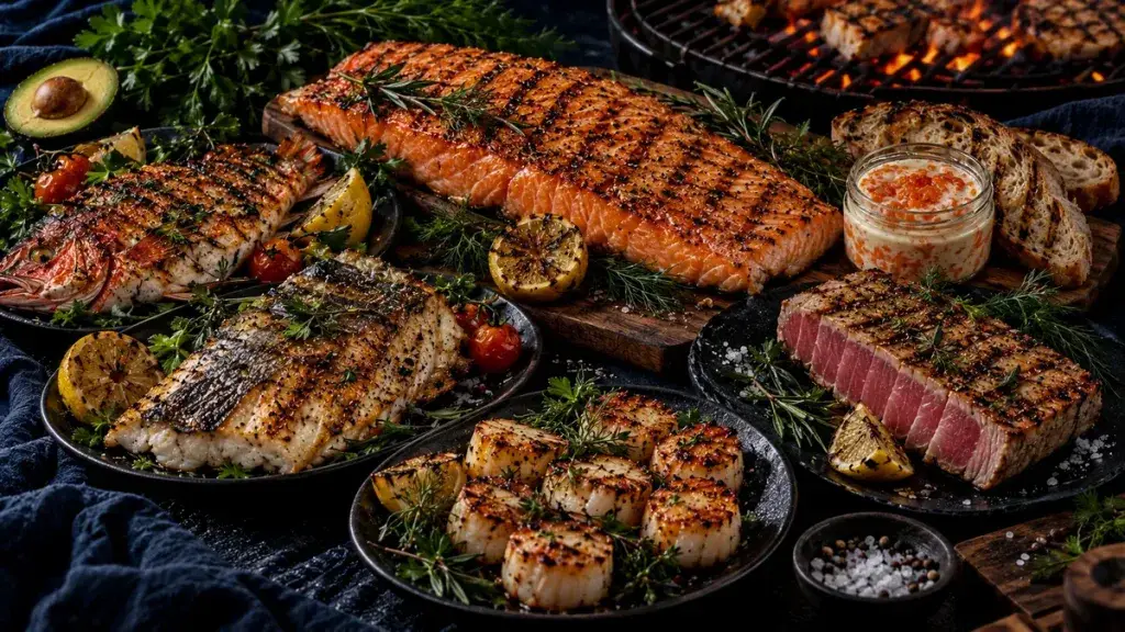BBQ Ocean Set Bali serving idea — grilled salmon, red snapper, barramundi, scallops and tuna with smoked salmon spread