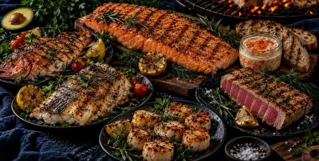BBQ Ocean Set Bali serving idea — grilled salmon, red snapper, barramundi, scallops and tuna with smoked salmon spread