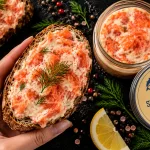 smoked salmon spread bali – hand holding rye toast with smoked salmon spread and dill