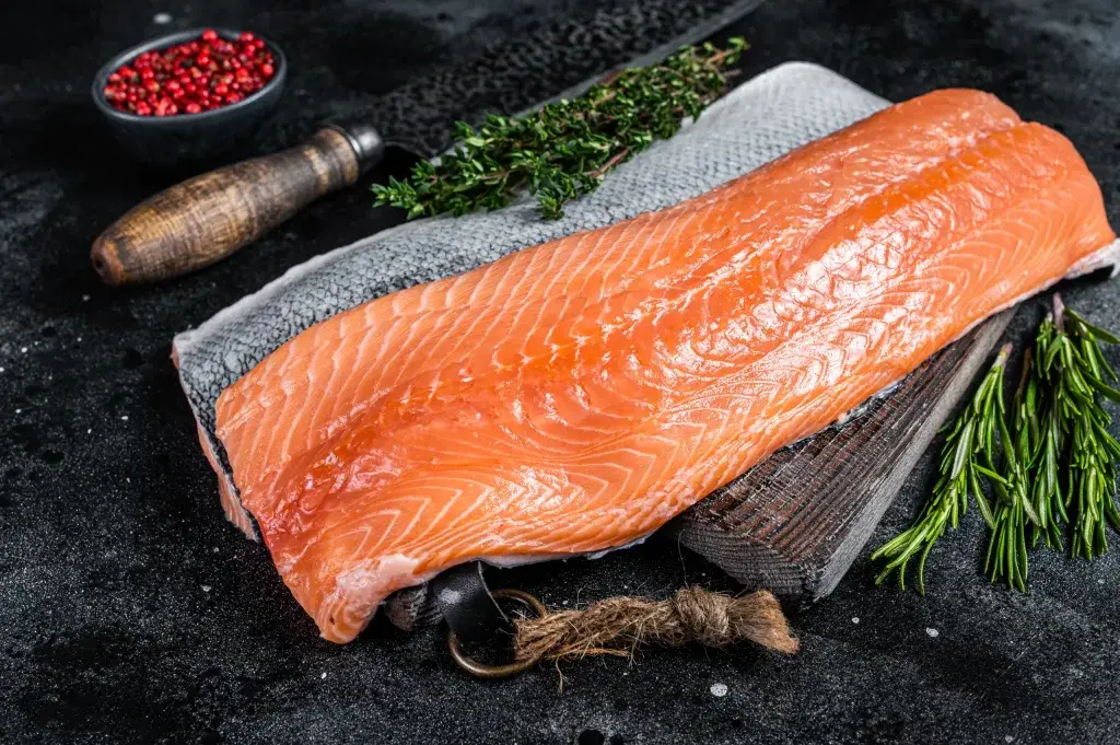 fresh salmon fillet bali – raw salmon fillet with herbs on dark background