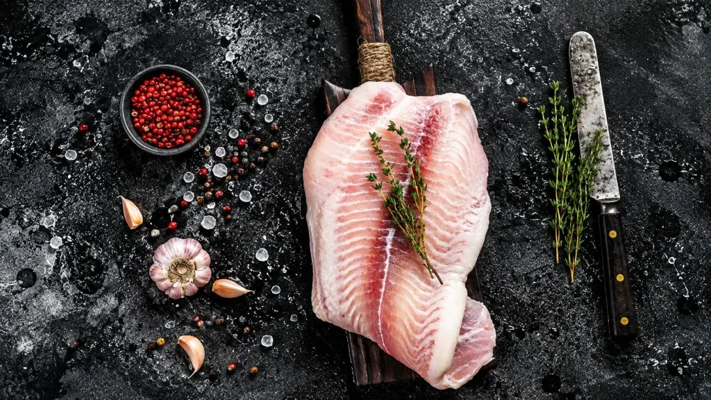 grouper fillet bali – fresh grouper fillet with thyme and garlic on wooden board