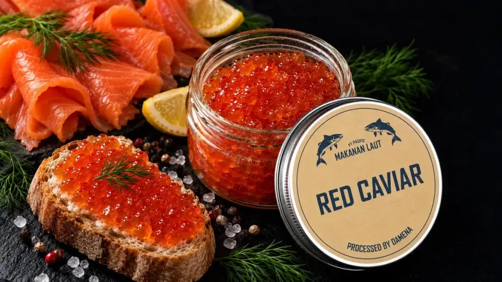 Red Set Bali — sliced smoked salmon, a jar of red keta caviar and caviar on bread