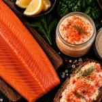 salmon lovers set bali – salmon fillet, smoked salmon spread jar and toast, top view