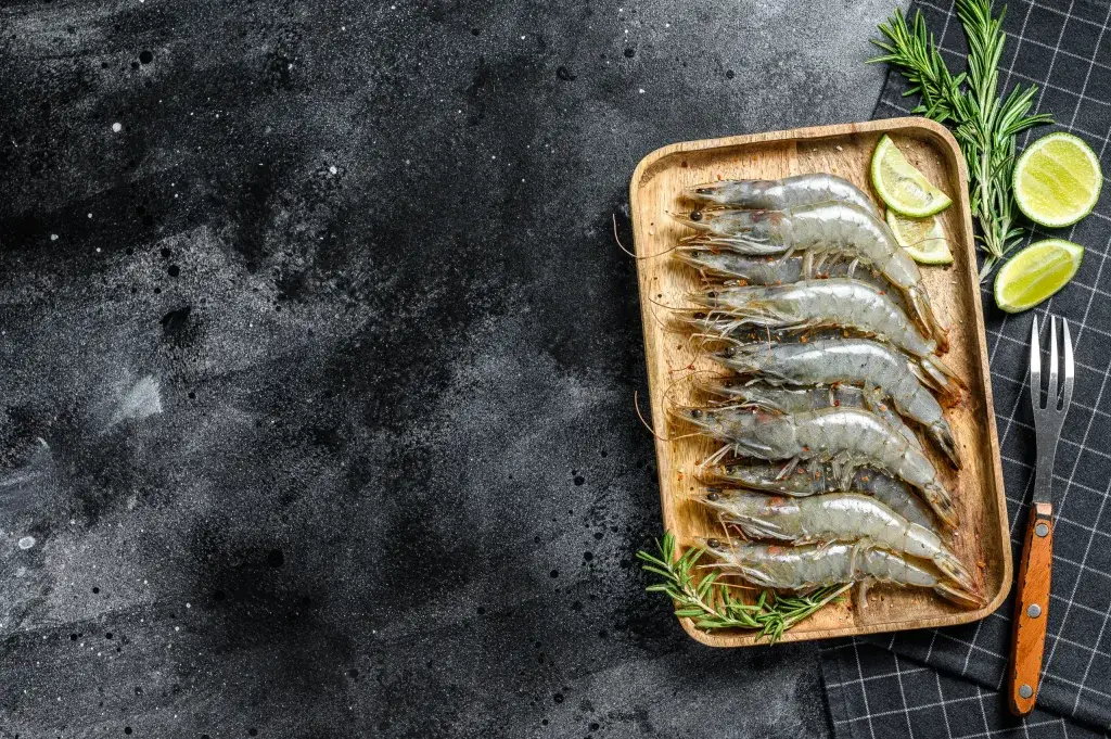 tiger prawn bali – whole raw tiger prawns on wooden tray with lime