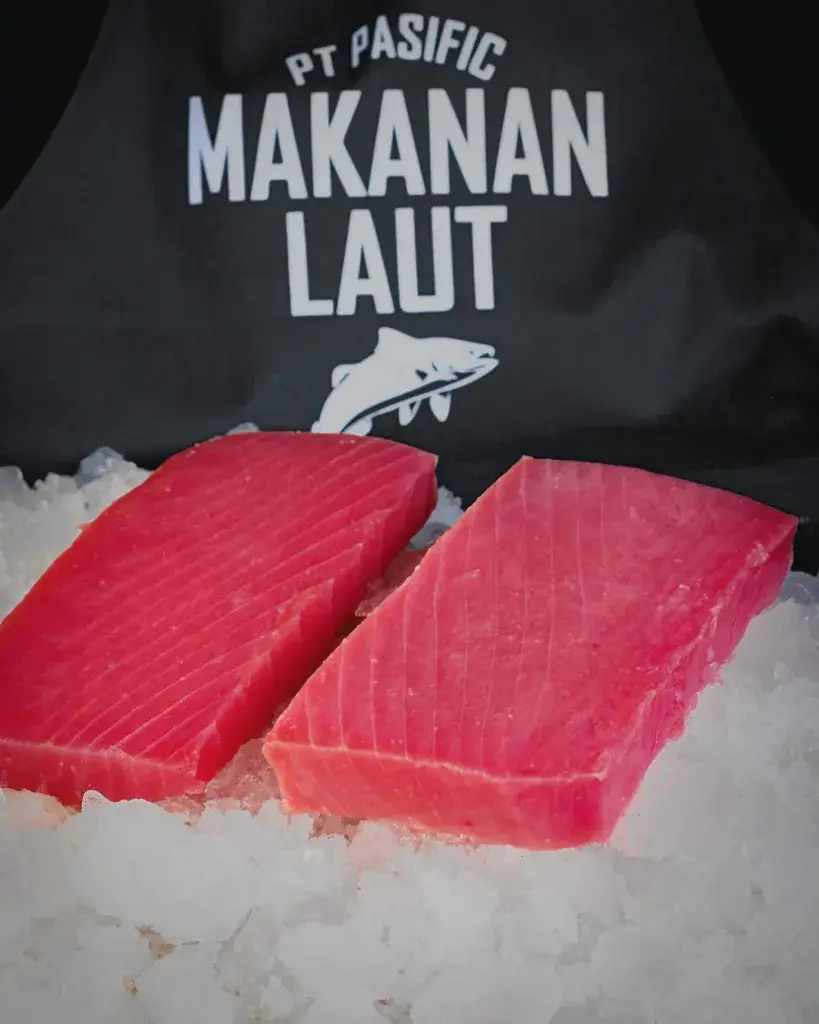 Tuna saku Bali — two sashimi-grade tuna saku blocks on crushed ice, PT Pasific Makanan Laut